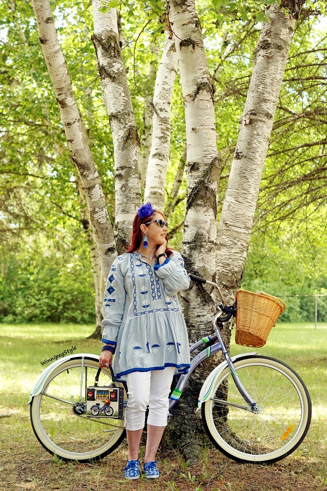 Winnipeg Style, Canadian Stylist fashion blog consultant, Mary Frances Ride On beaded bicycle 3D handbag purse, Chicwish embroidered blue tunic top dress, Keds Disney Minnie mouse sneakers shoes, Retro vintage style bicycle wicker basket, Unique, cute Nakamura bike